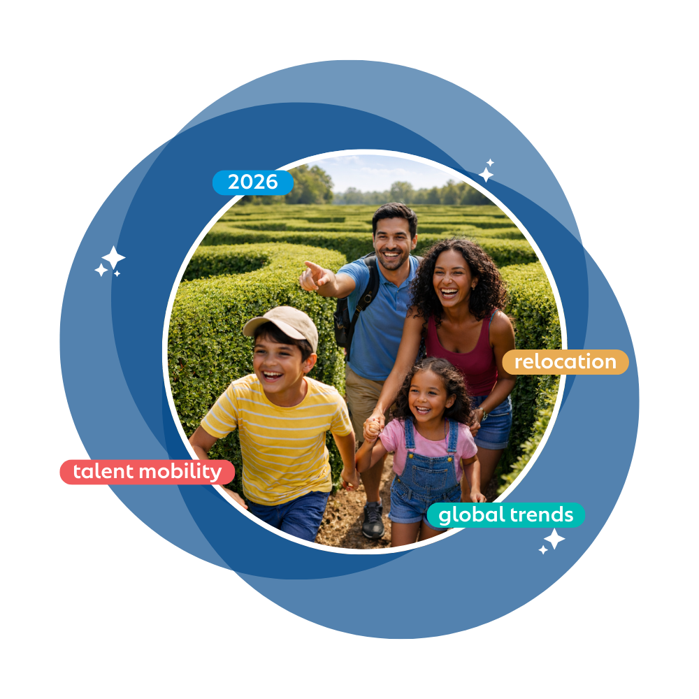 A family together outside surrounded by words related to the Cartus global talent mobility survey 2026